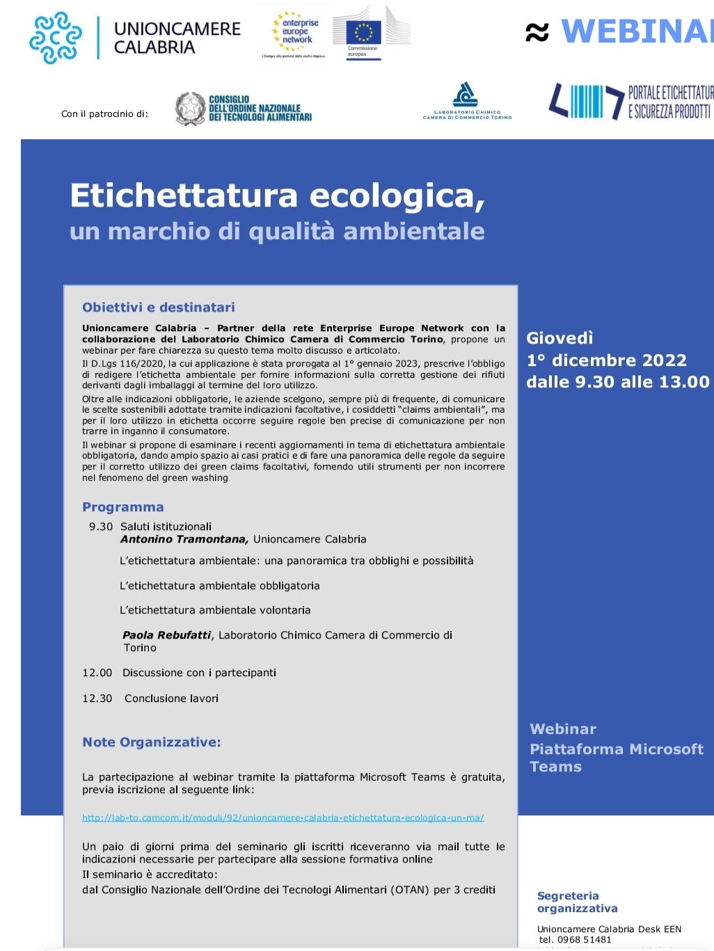 Webinar "Etichettatura ecologica, un marchio di qualità ambientale" - 1 dicembre 2022 ore 9.30-13.00
